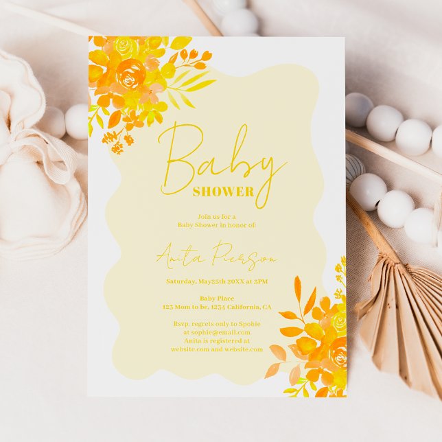 Convites Quadro ondulado amarelo quente chá de fraldas flor (Hot yellow wavy frame boho floral baby shower invitation)