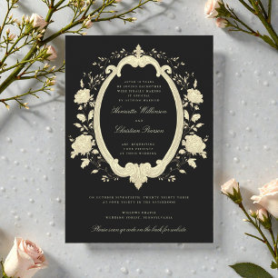 Convites Quadro Oval Floral Dourado Casamento Preto Elegant