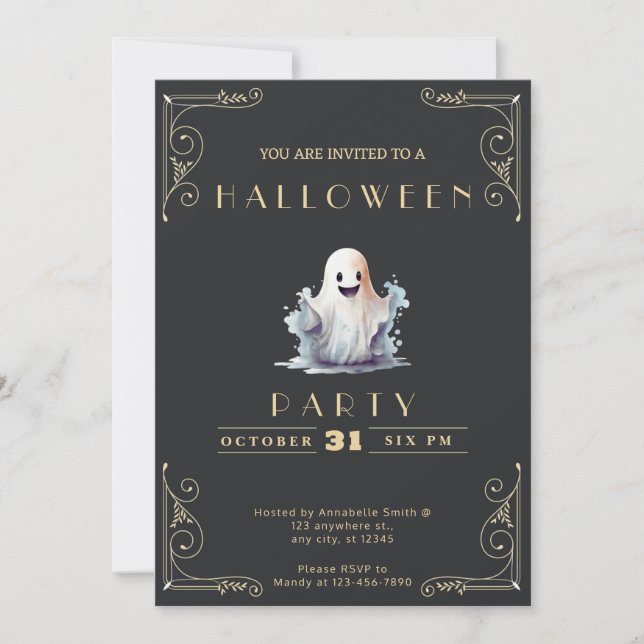 Convites Quadro Preto & Dourado Fantasma Fofo Halloween (Frente)