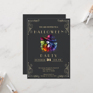 Convites Quadro Preto e Dourado Bruxa Arco-Íris Halloween