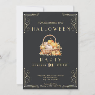 Convites Quadro Preto e Dourado Cesta de Abóboras no Hallow