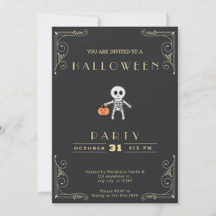 Convites Quadro Preto e Dourado Esqueleto Costume Halloween