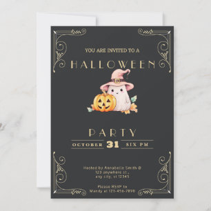 Convites Quadro Preto e Dourado Fantasma Halloween