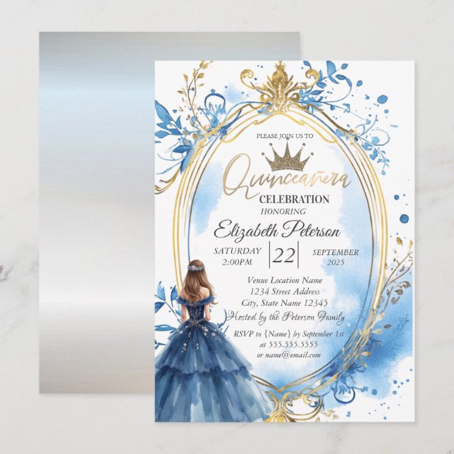 Convites Quadro Princesa de Vestido Azul (Frente/Verso)