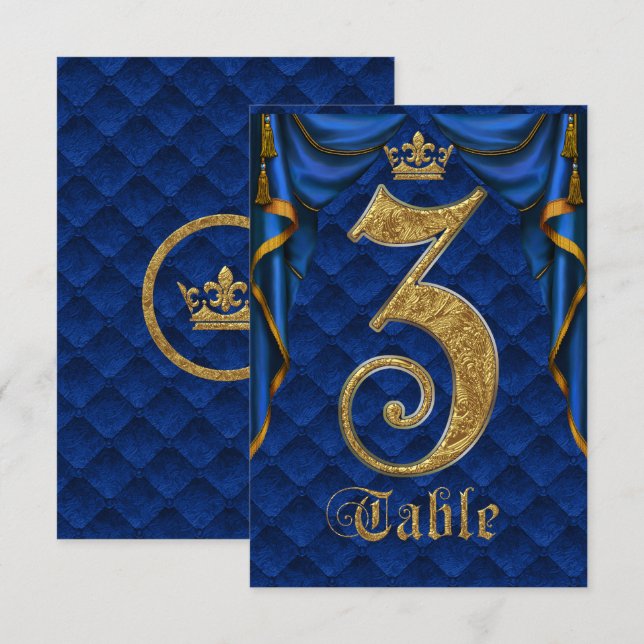 Convites Quadro Real Azul Dourado Casado Coroa Número 3 (Frente/Verso)