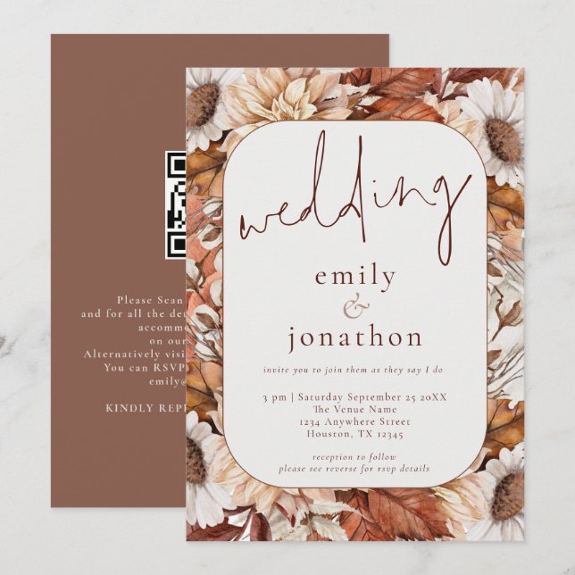 Convites Quadro Rústico de Terracota com Florais Código QR  (Frente/Verso)