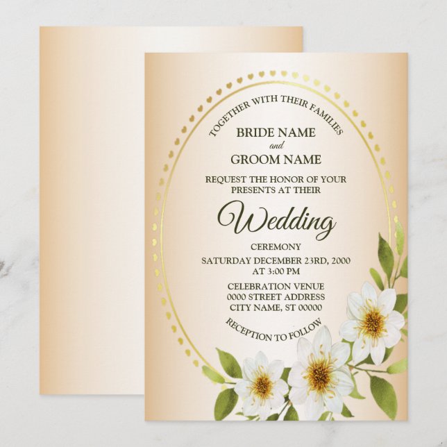 Convites Quadro Rústico Dourado Floral Branco Casamento Pês (Frente/Verso)