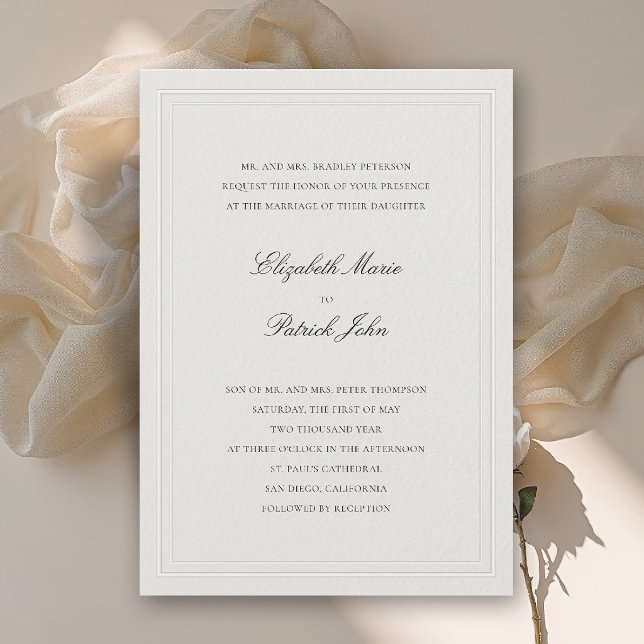 Convites Quadro Tandem Clássico Moderno Formal Ecru Casamen (formal wedding invitation modern classic double frame elegant ecru calligraphy parents host)