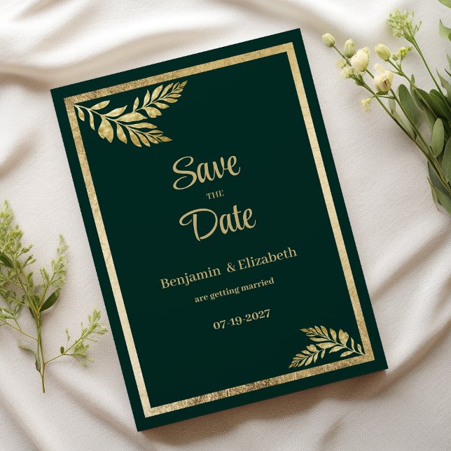 Convites Quadro verde-escuro de luxo folha ouro Salvar data (Luxury dark green golden leaf frame Save the Date)
