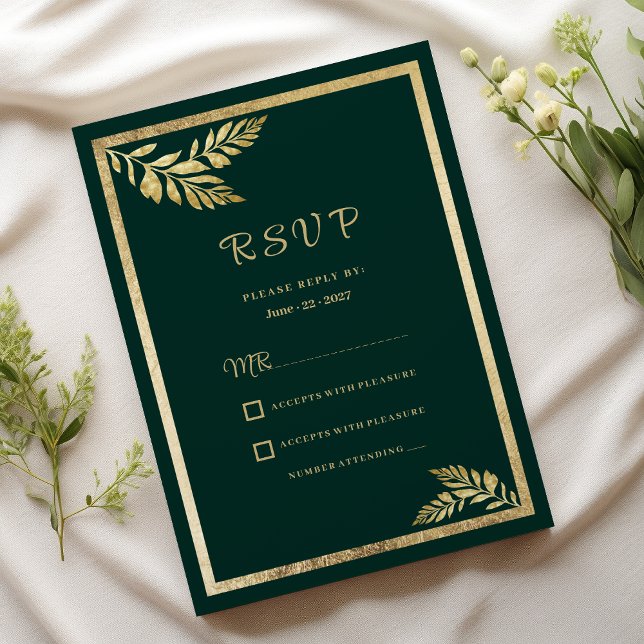 Convites Quadro verde-ouro de luxo RSVP (Luxury dark green golden leaf frame RSVP)