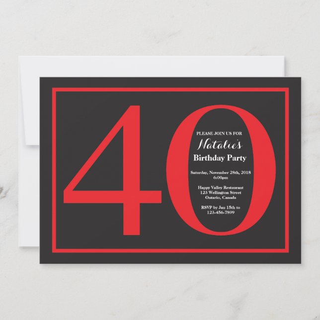 Convites Quadro vermelho e preto do aniversário de 40 anos (Frente)