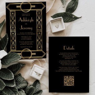 Convites Quadro Vintage Deco Dourado Código QR Casamento Pr
