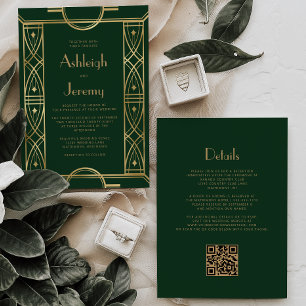 Convites Quadro Vintage Deco Dourado Código QR Casamento Ve