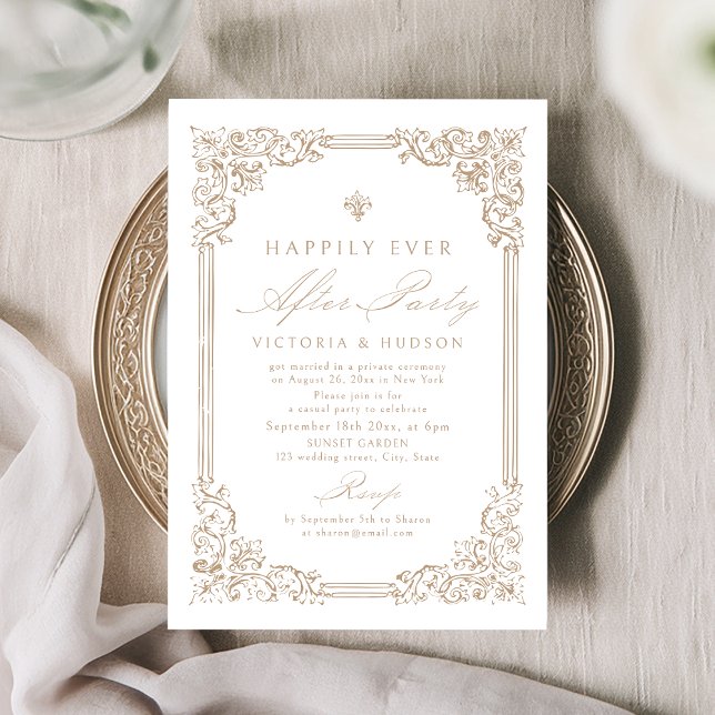 Convites Quadro Vintage Neutro Festa Felizes Para Sempre (Neutral Vintage Frame Happily Ever After Party Invitation)