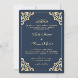 Convites Quadro Vitoriano Azul Real Dourado Casamento Muçul