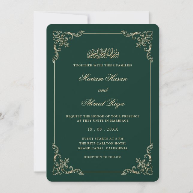 Convites Quadro Vitoriano Dourado Esmeralda Verde Casamento (Frente)
