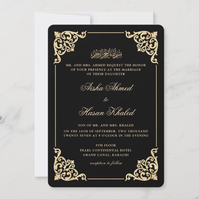 Convites Quadro Vitoriano Dourado Preto Romântico Casamento (Frente)
