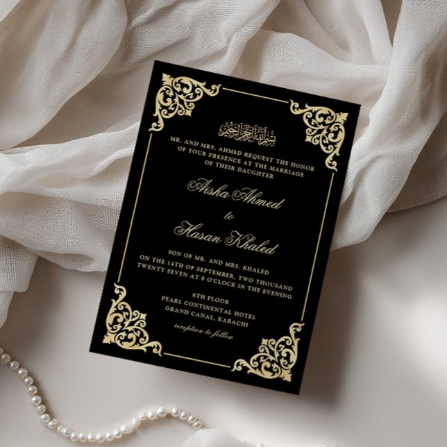 Convites Quadro Vitoriano Dourado Preto Romântico Casamento (Criador carregado)
