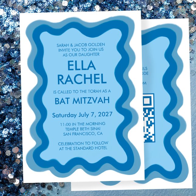 Convites Quadro Wavy Modern Personalizado CÓDIGO QR Bar Bat (Wavy Frame Modern Custom QR CODE Bar Bat Mitzvah Invitation
)
