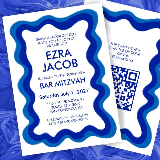 Convites Quadro Wavy Modern Personalizado CÓDIGO QR Bar Bat (Wavy Frame Modern Custom QR CODE Bar Bat Mitzvah Invitation
)