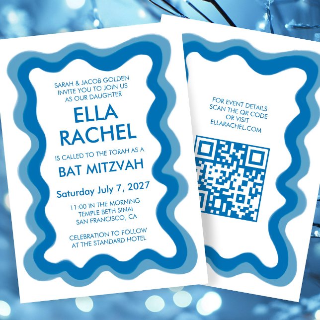 Convites Quadro Wavy Modern Personalizado CÓDIGO QR Bar Bat (Wavy Frame Modern Custom QR CODE Bar Bat Mitzvah Invitation
)