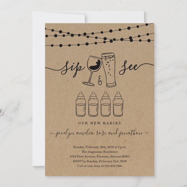 Convites Quadruplets Sip & See Wine & Beer Toast (Frente)