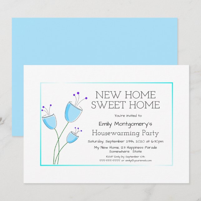 Convites Quaint Blue Floral House Party (Frente/Verso)