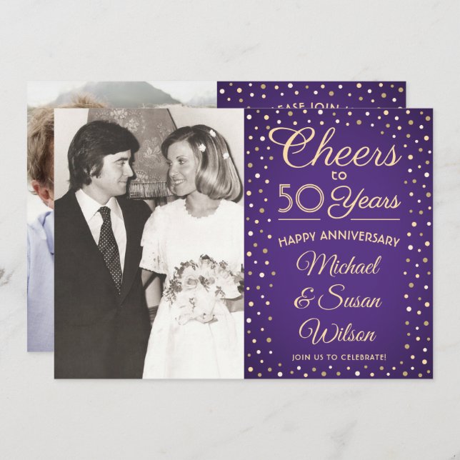 Convites QUAISQUER Aniversário 2 Foto anima Purple & Dourad (Frente/Verso)