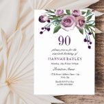 Convites Qualquer 90 de Aniversário de Rosa de Plum Roxo de<br><div class="desc">Coleção Elegante de Convocação de 90 de Aniversário de Rosa de Roxo de ameixa em Niche e Nest. Design cortesia de: https://www.etsy.com/shop/SmallHouseBigPony</div>