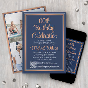 Convites Qualquer Aniversário • Código QR Azul-Navy e Cobre