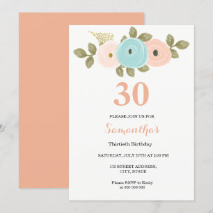 Convites Qualquer aniversário de 30 anos Floral de Pêssego 