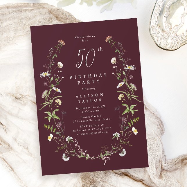 Convites Qualquer Burgódia Idade de Flor Selvagem Boho 50º  (Any Age burgundy Wildflower Boho 50th Birthday Invitation)