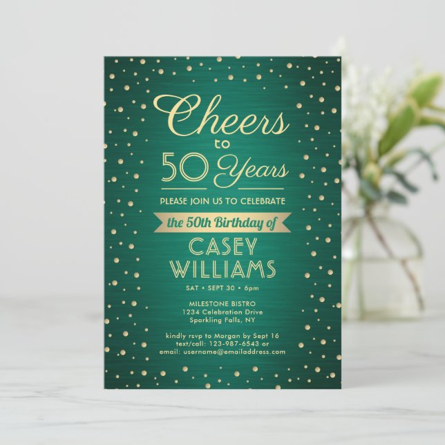 Convites Qualquer Confetes Verdes e Dourados para Aniversár (Em pé/Frente)