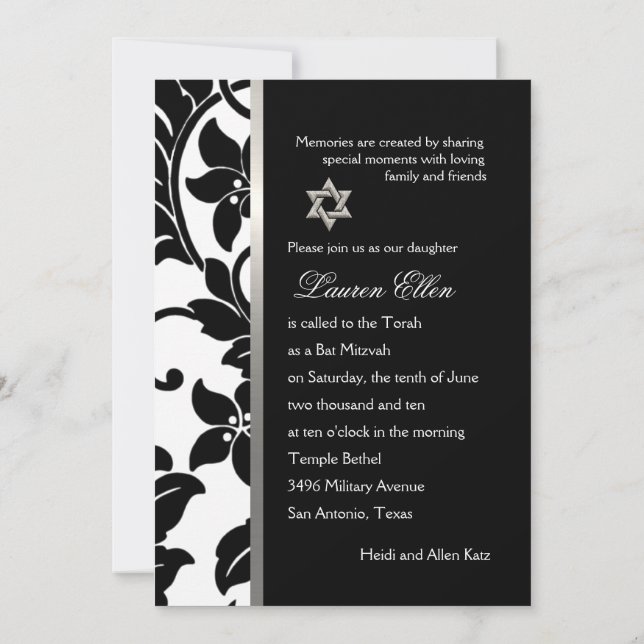 Convites Qualquer cor com o Bat Mitzvah preto Damask (Verso)