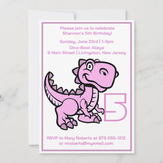 Convites Qualquer Dinossauro Rosa T Rex Idade Aniversário (Frente)