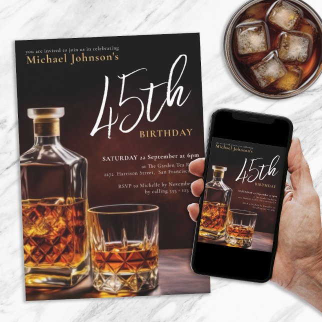 Convites Qualquer Elegante Dourado Negro de Uísque de Anive (Any Age Birthday Whiskey Black Gold Classy Elegant Invitation)