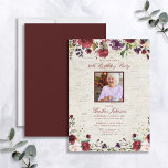 Convites Qualquer Era Russo Burgundy Foto Floral Aniversári<br><div class="desc">Um belo convite de aniversário rústico,  com uma foto no topo,  embelezado com buquês florais de cor d'água entrelaçados em um latido de pássaro falso. Adequado para qualquer idade,  pois o texto pode ser personalizado facilmente. Copyright Elegant Invites,  todos os direitos reservados.</div>