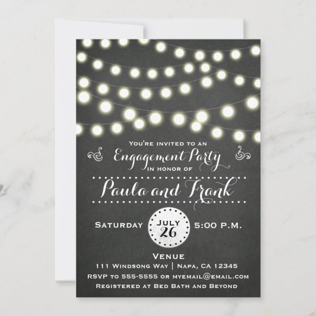 Convites Qualquer evento Chalkboard String Luzes Noivado (Frente)