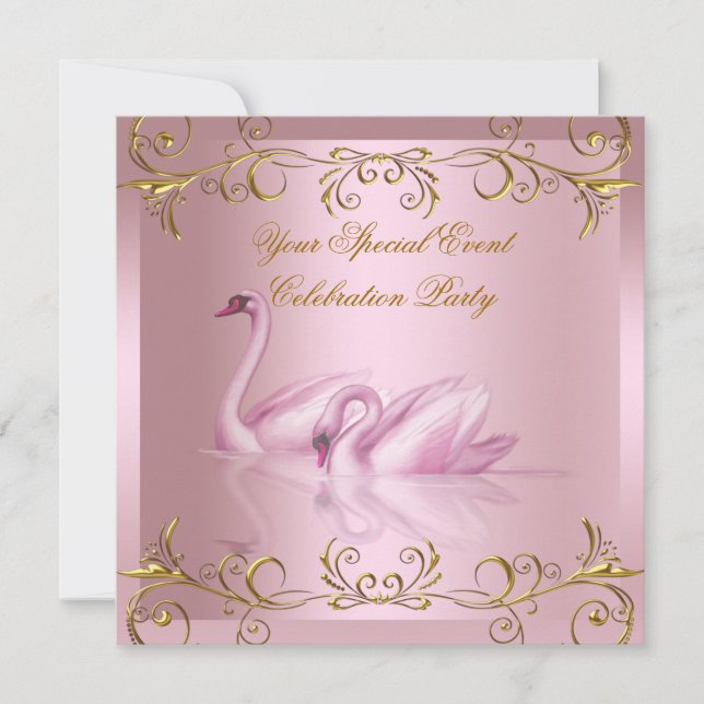 Convites Qualquer Evento Cisnes Dourado Rosa Elegante Festa (Frente)