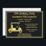 Convites Qualquer Festa de aniversário de golfe de idade Do<br><div class="desc">Convite de aniversário especial único — com um tema de golfe em preto e ouro e perfeito para um Golfer. Ele apresenta uma folha de ouro Carrinho de Golfe e há muito a personalizar para se adequar ao seu próprio evento. Qualquer pergunta sobre design, envie um e-mail para charmdesignstudio@rcn.com e...</div>