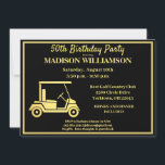 Convites Qualquer Festa de aniversário de golfe de idade Do<br><div class="desc">Convite de aniversário especial único — com um tema de golfe em preto e ouro e perfeito para um Golfer. Ele apresenta uma folha de ouro Carrinho de Golfe e há muito a personalizar para se adequar ao seu próprio evento. Qualquer pergunta sobre design, envie um e-mail para charmdesignstudio@rcn.com e...</div>