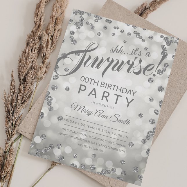 Convites Qualquer Festa Surpresa de Idade | Silver Glitter  (Any Age Surprise Party | Silver Glitter Confetti Invitation)