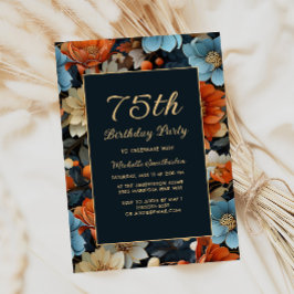 Convites Qualquer Flor Laranja Azul de Idade 75º Aniversári