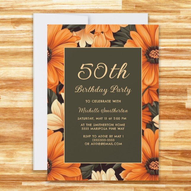 Convites Qualquer Flor Laranja De Idade Castanho 50º Aniver (Orange flowers on brown 50th birthday party invitation)