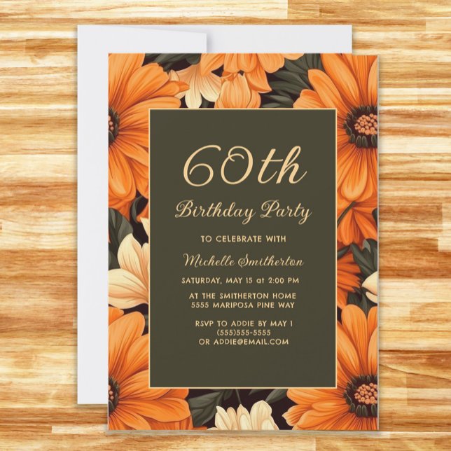 Convites Qualquer Flor Laranja De Idade Castanho 60º Aniver (Orange flowers on brown 60th birthday party invitation)