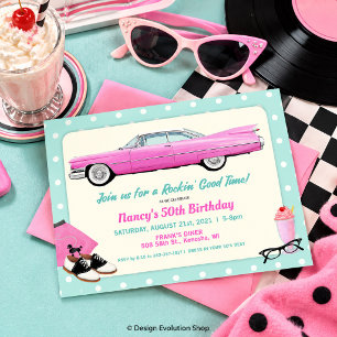Convites QUALQUER IDADE - Aniversário de Cadillac Rosa Retr