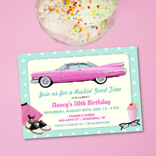 Convites QUALQUER IDADE - Aniversário de Cadillac Rosa Retr