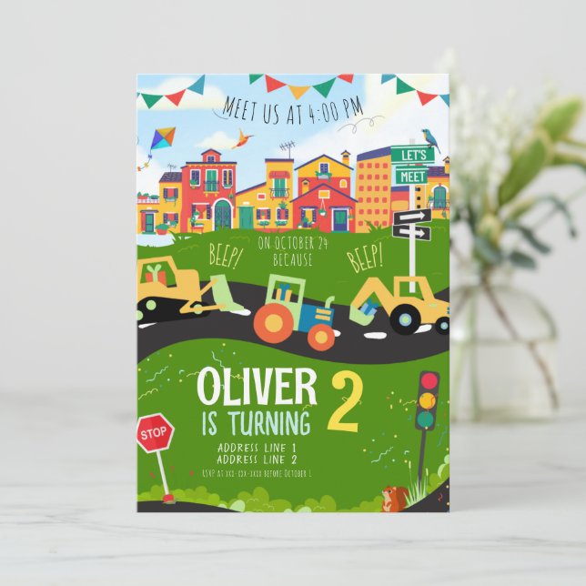 Convites Qualquer idade, aniversário de trator verde (Em pé/Frente)