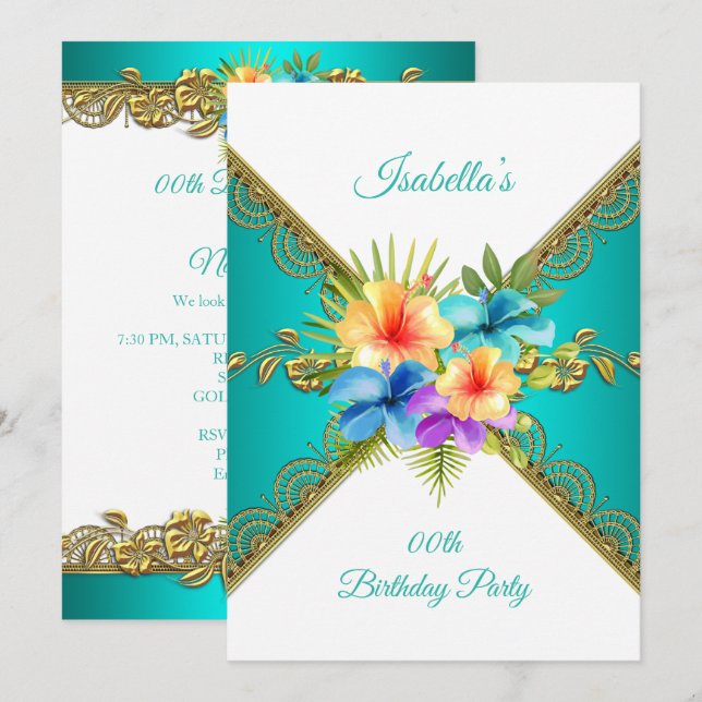 Convites Qualquer idade Festa de aniversário azul-lacrimejo (Frente/Verso)