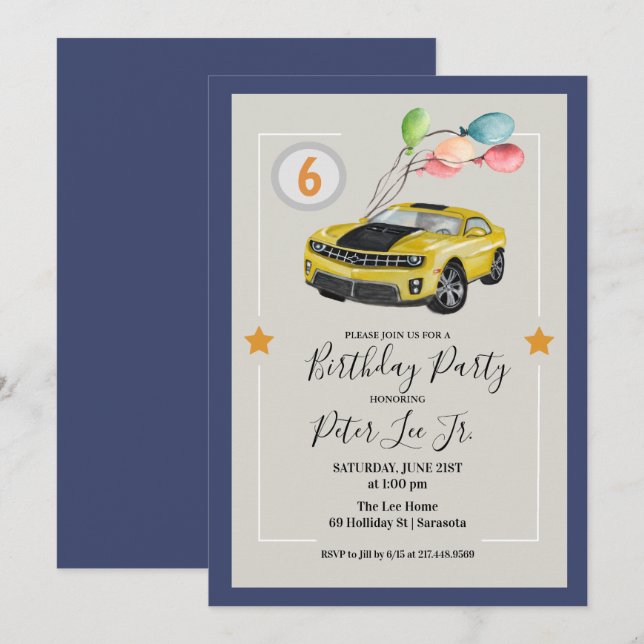 Convites QUALQUER IDADE - Festa de aniversário do Car Boy (Frente/Verso)